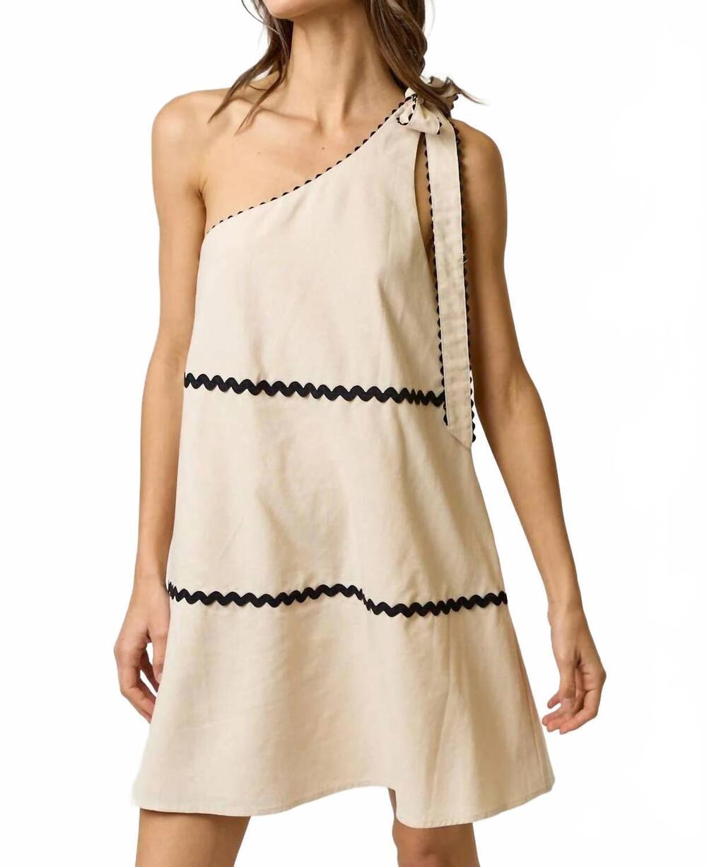 NEW LALAVON linen scalloped one shoulder shift dress in oatmeal